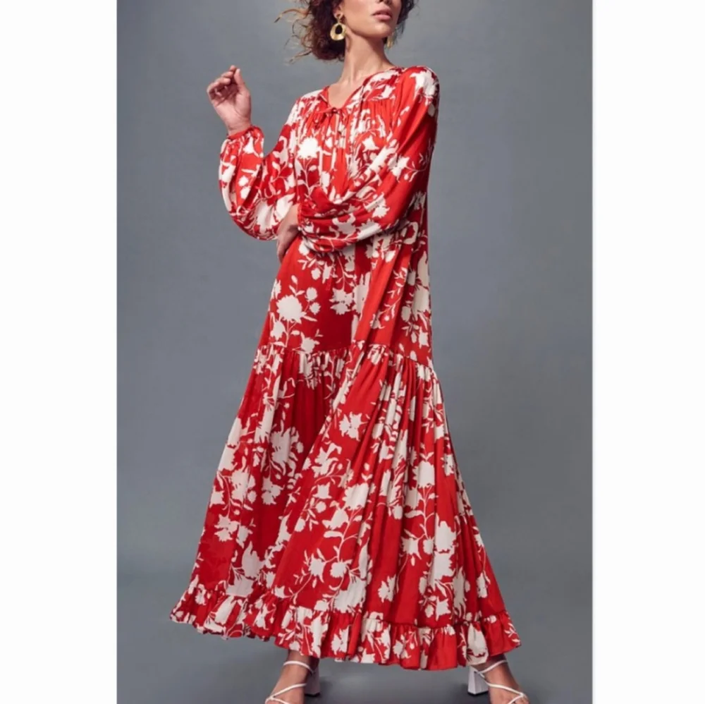 Voluminous Johanna Ortiz X H&M Red White Floral Maxi Dress - Picture 1 of 5